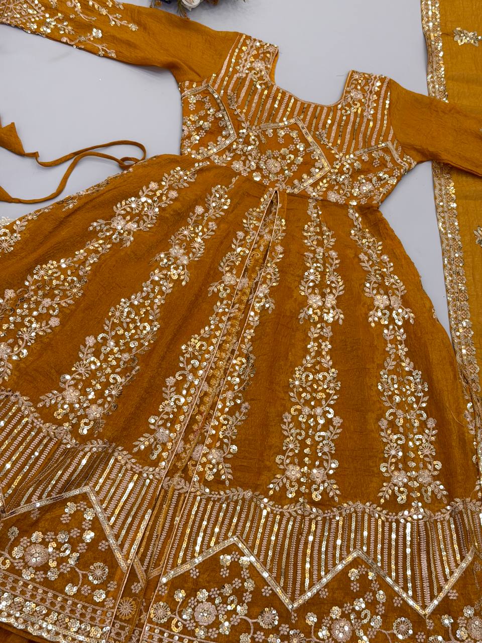 Women's Mustard Yellow Crunchy Silk Heavy Embroidery Sequence 3-Piece Gown & Lehenga Set
