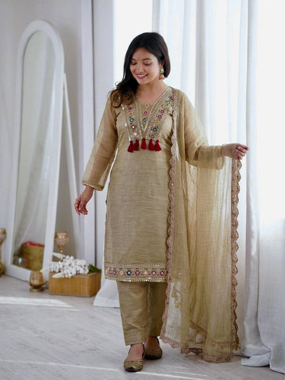 Women's Beige Salsa Silk Embroidery & Sequence Work 3-Piece Festive Suit Set