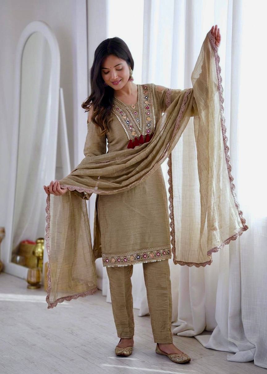 Women's Beige Salsa Silk Embroidery & Sequence Work 3-Piece Festive Suit Set