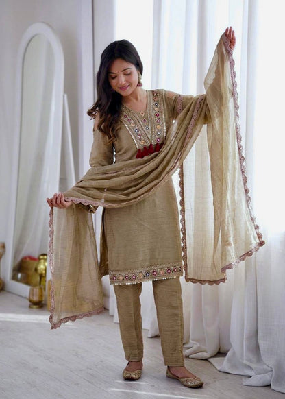Women's Beige Salsa Silk Embroidery & Sequence Work 3-Piece Festive Suit Set