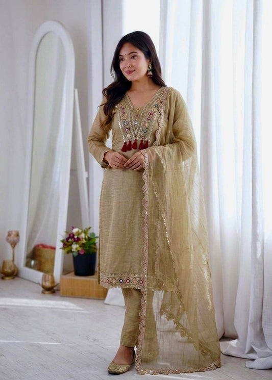 Women's Beige Salsa Silk Embroidery & Sequence Work 3-Piece Festive Suit Set