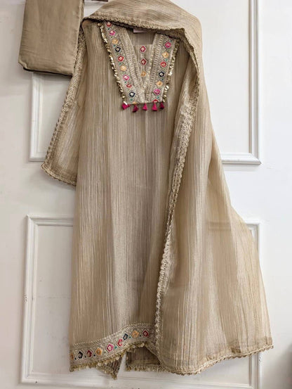 Women's Beige Salsa Silk Embroidery & Sequence Work 3-Piece Festive Suit Set