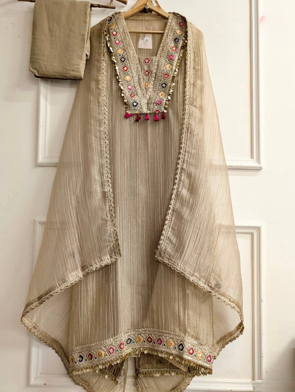 Women's Beige Salsa Silk Embroidery & Sequence Work 3-Piece Festive Suit Set