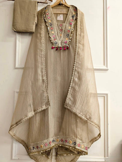 Women's Beige Salsa Silk Embroidery & Sequence Work 3-Piece Festive Suit Set