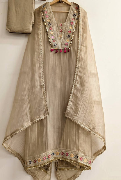 Women's Beige Salsa Silk Embroidery & Sequence Work 3-Piece Festive Suit Set
