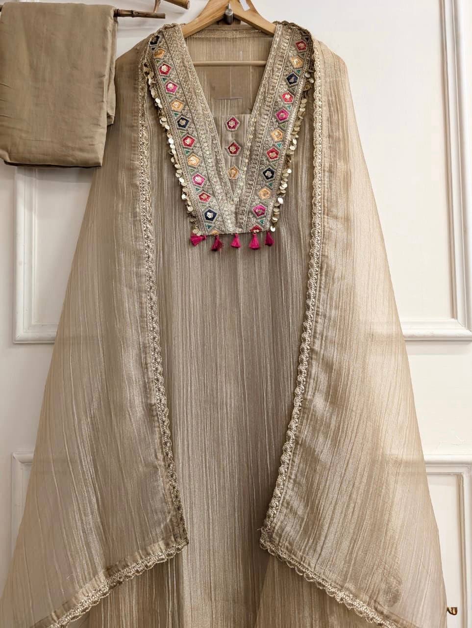 Women's Beige Salsa Silk Embroidery & Sequence Work 3-Piece Festive Suit Set