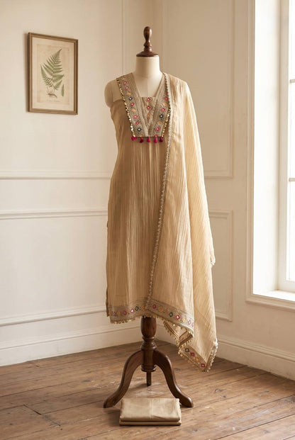 Women's Beige Salsa Silk Embroidery & Sequence Work 3-Piece Festive Suit Set