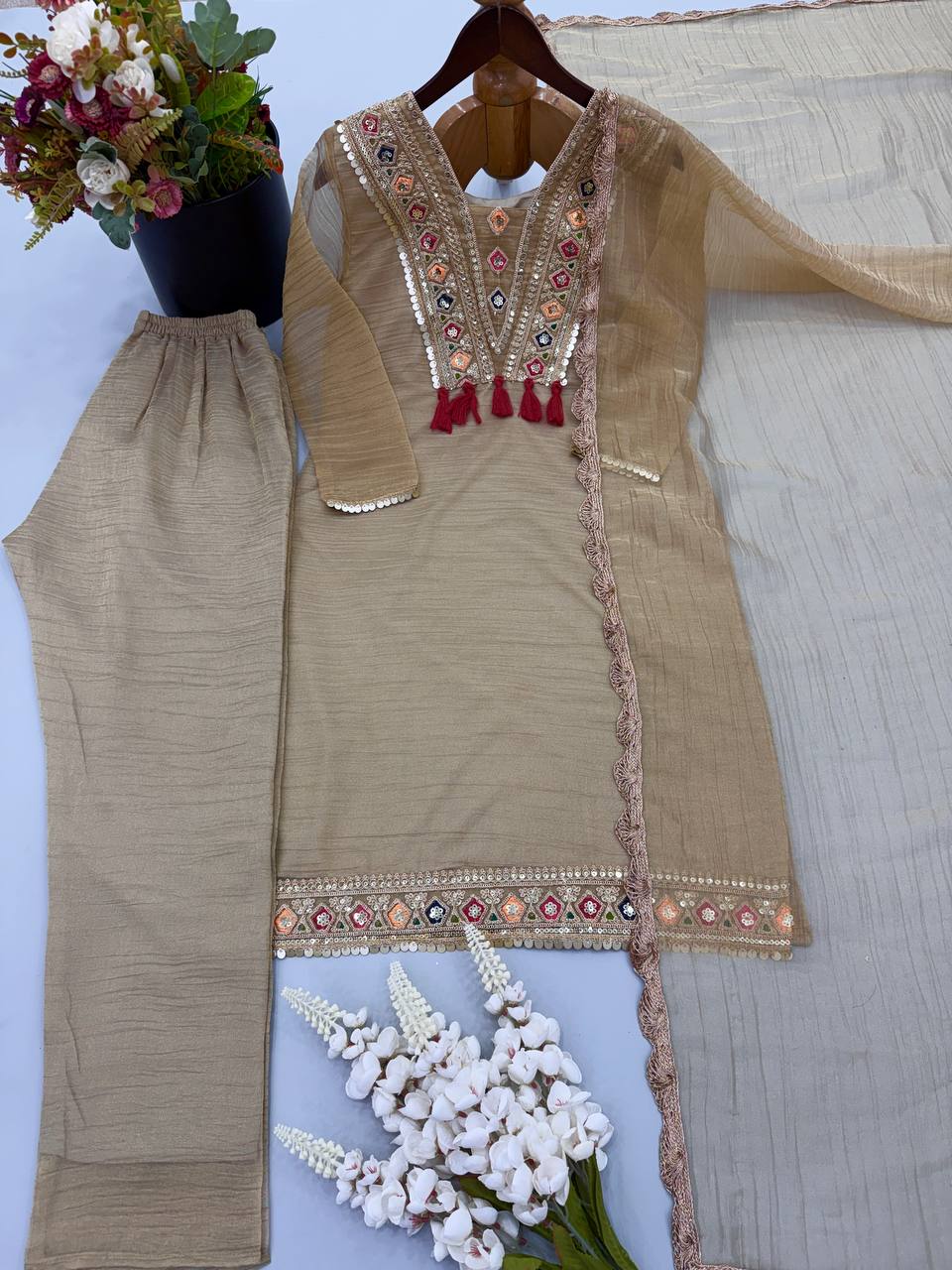Women's Beige Salsa Silk Embroidery & Sequence Work 3-Piece Festive Suit Set