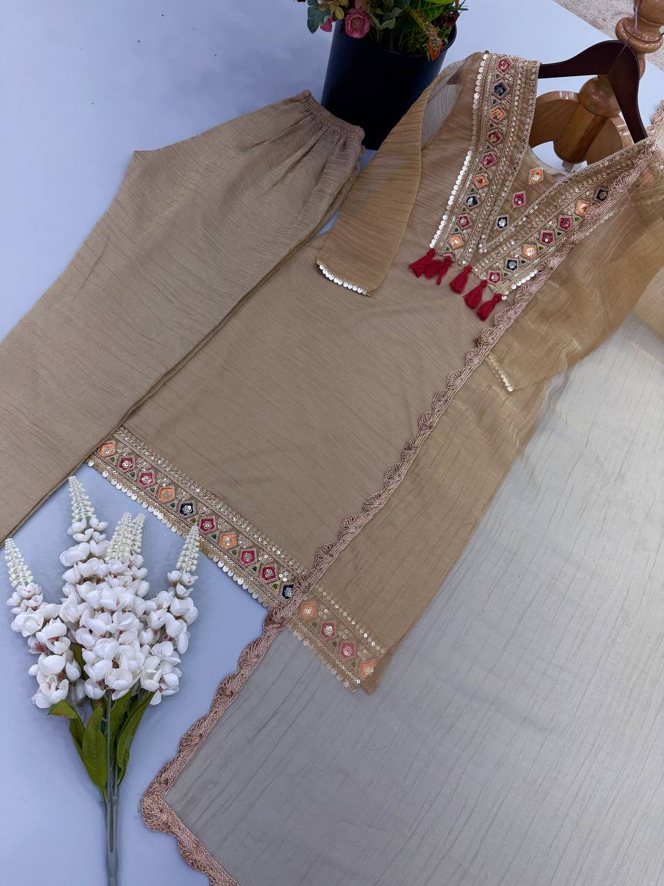 Women's Beige Salsa Silk Embroidery & Sequence Work 3-Piece Festive Suit Set