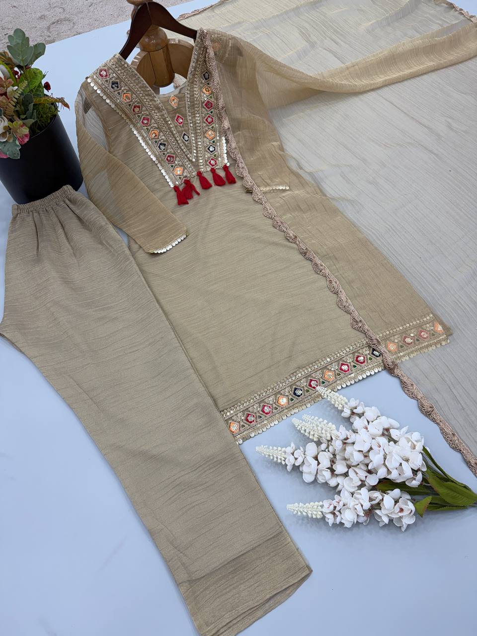 Women's Beige Salsa Silk Embroidery & Sequence Work 3-Piece Festive Suit Set
