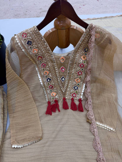 Women's Beige Salsa Silk Embroidery & Sequence Work 3-Piece Festive Suit Set