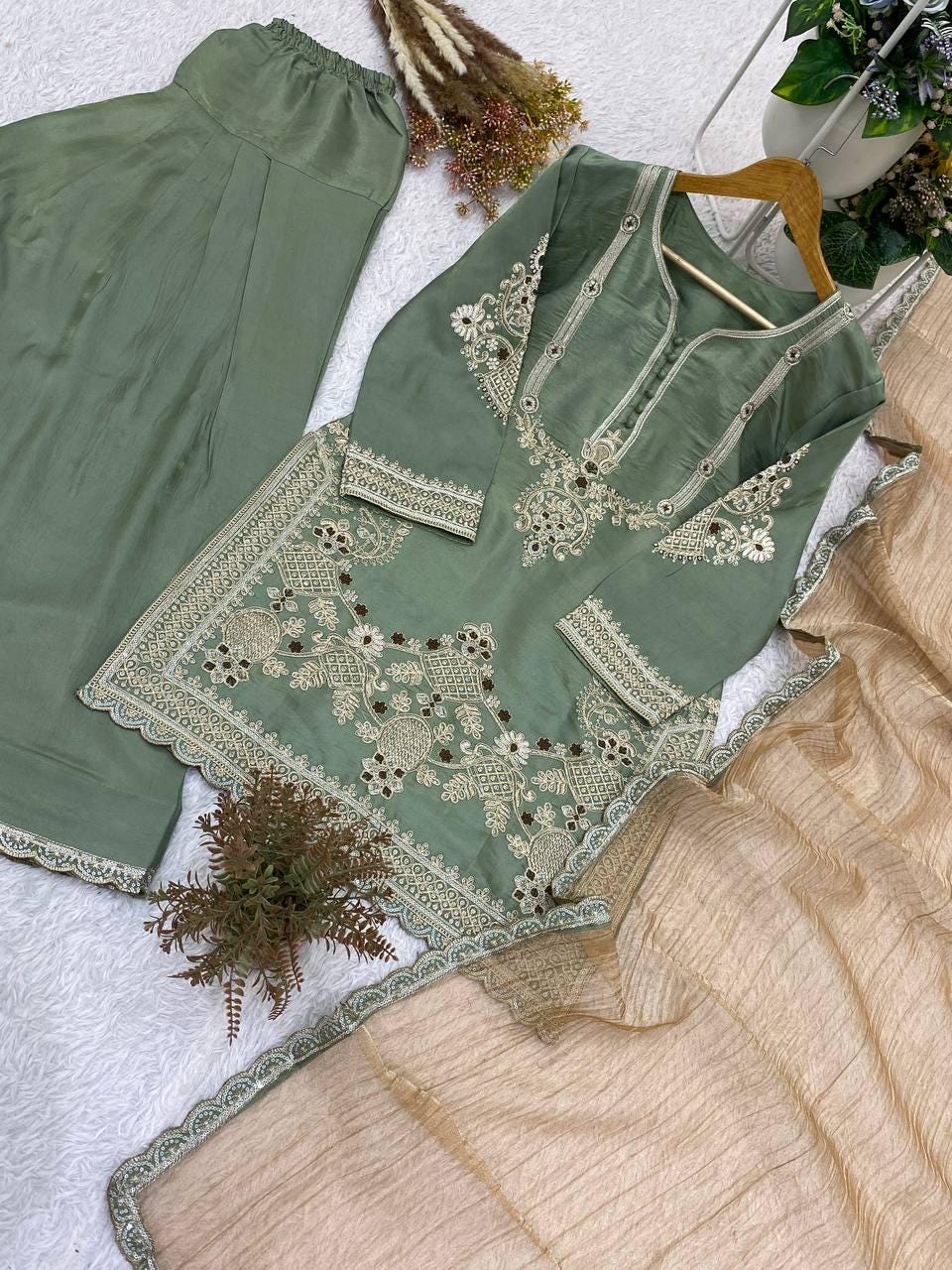 Designer Sage Green Glass Satin Kurta Set with Dupatta | Embroidered Indian Wedding Party Wear