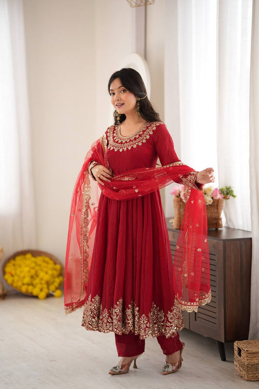 Designer Red Flared Doremon Crush Embroidery Sequence Top, Pant & Dupatta Set
