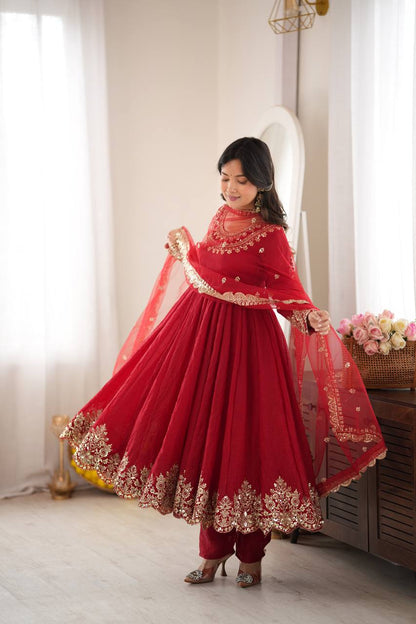 Designer Red Flared Doremon Crush Embroidery Sequence Top, Pant & Dupatta Set