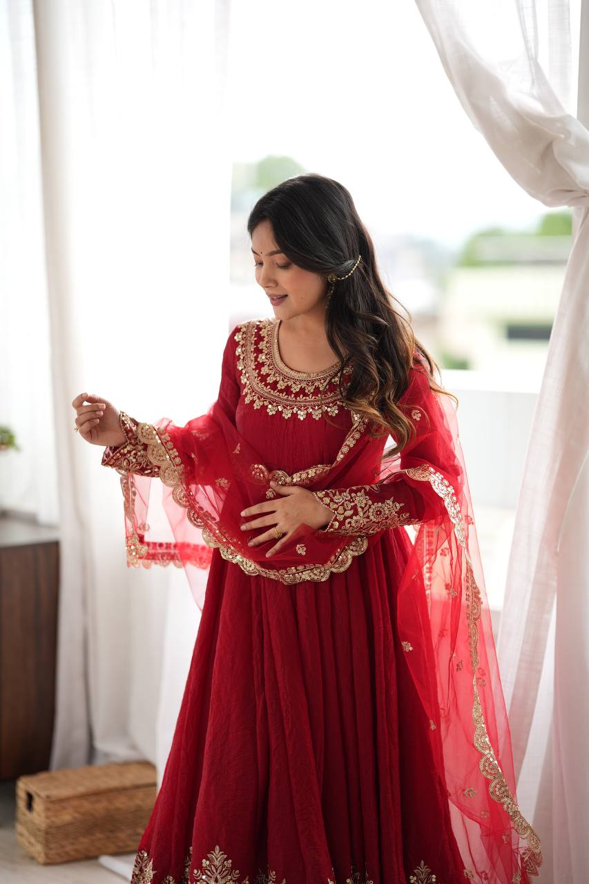 Designer Red Flared Doremon Crush Embroidery Sequence Top, Pant & Dupatta Set