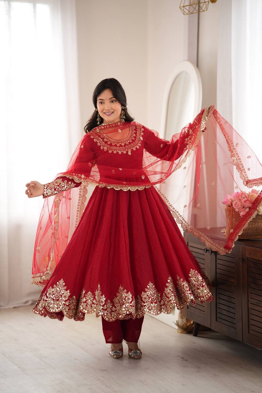 Designer Red Flared Doremon Crush Embroidery Sequence Top, Pant & Dupatta Set
