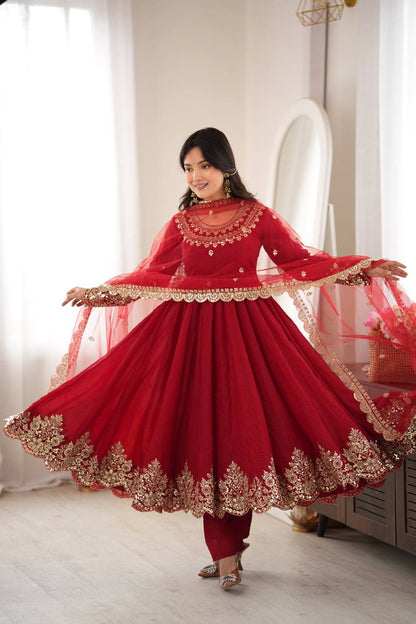 Designer Red Flared Doremon Crush Embroidery Sequence Top, Pant & Dupatta Set