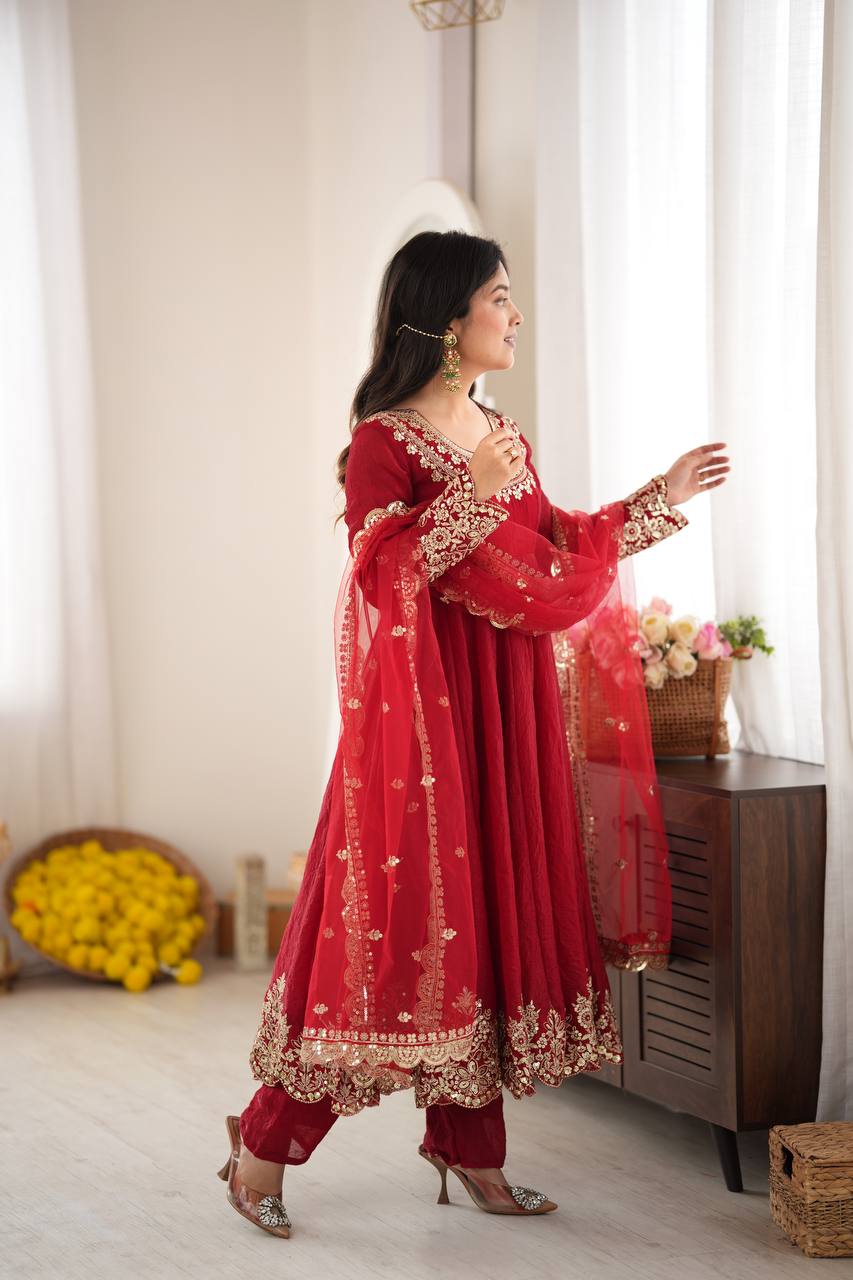 Designer Red Flared Doremon Crush Embroidery Sequence Top, Pant & Dupatta Set