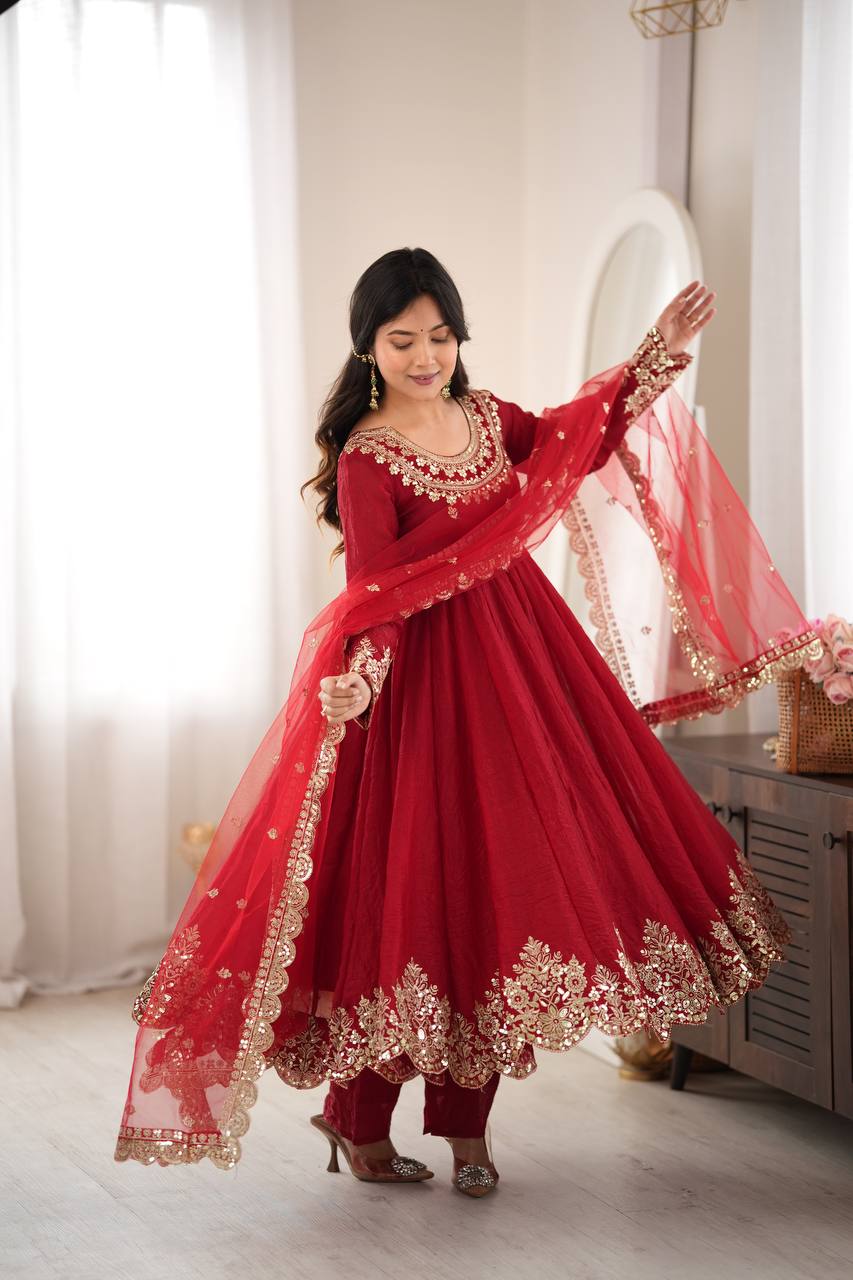 Designer Red Flared Doremon Crush Embroidery Sequence Top, Pant & Dupatta Set