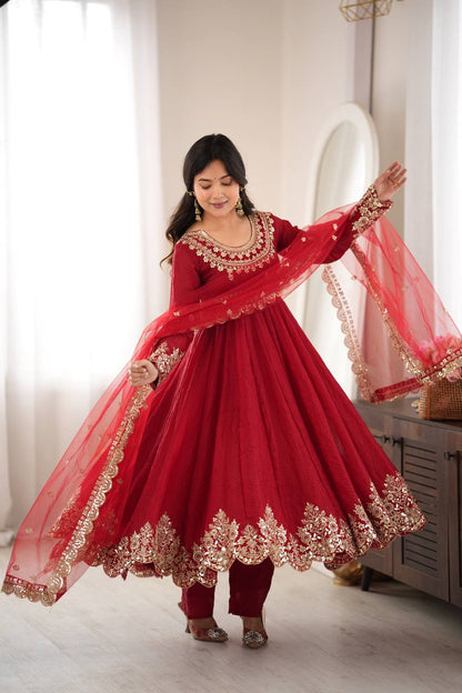 Designer Red Flared Doremon Crush Embroidery Sequence Top, Pant & Dupatta Set