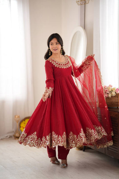 Designer Red Flared Doremon Crush Embroidery Sequence Top, Pant & Dupatta Set