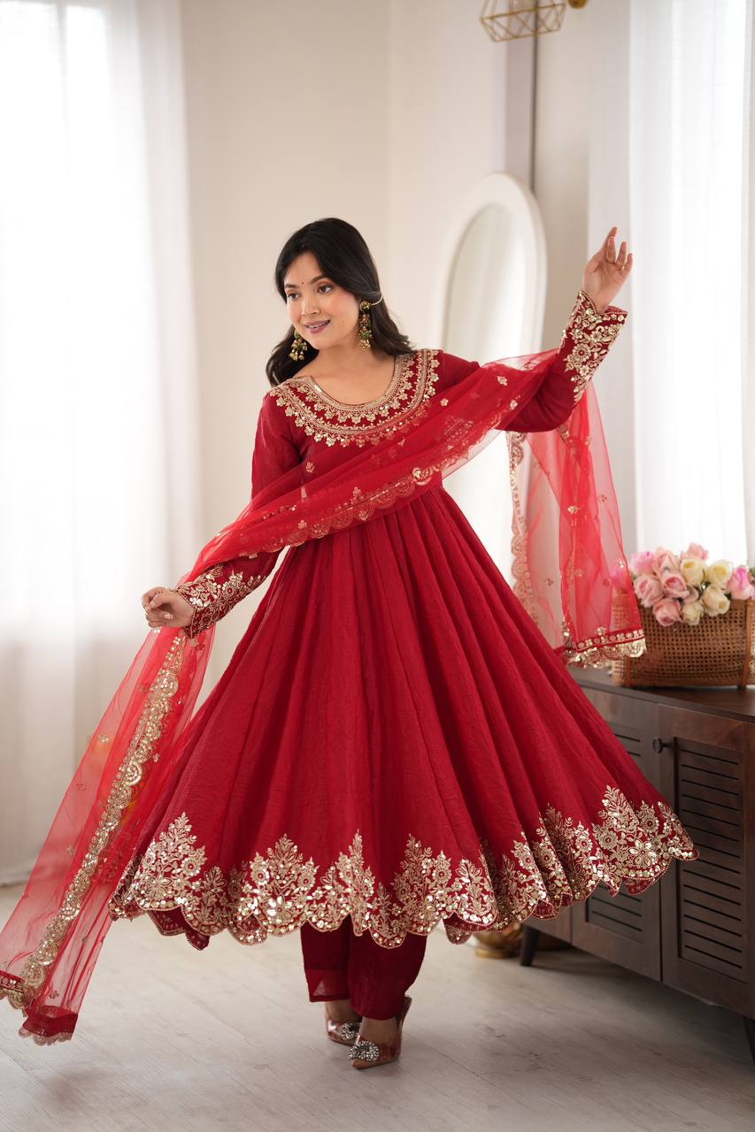 Designer Red Flared Doremon Crush Embroidery Sequence Top, Pant & Dupatta Set