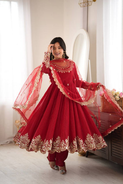 Designer Red Flared Doremon Crush Embroidery Sequence Top, Pant & Dupatta Set