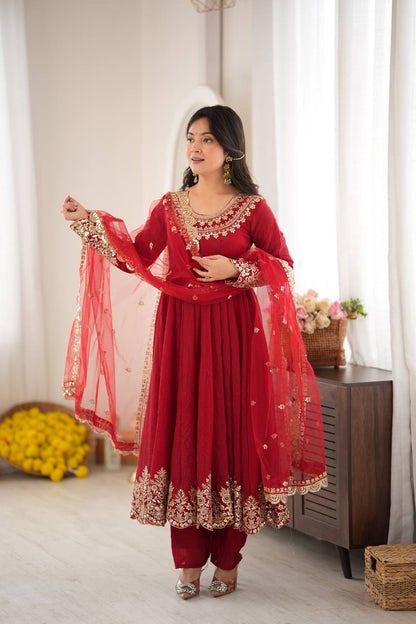 Designer Red Flared Doremon Crush Embroidery Sequence Top, Pant & Dupatta Set