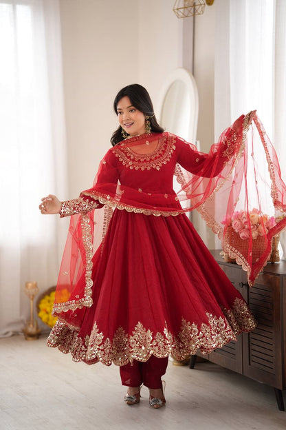 Designer Red Flared Doremon Crush Embroidery Sequence Top, Pant & Dupatta Set