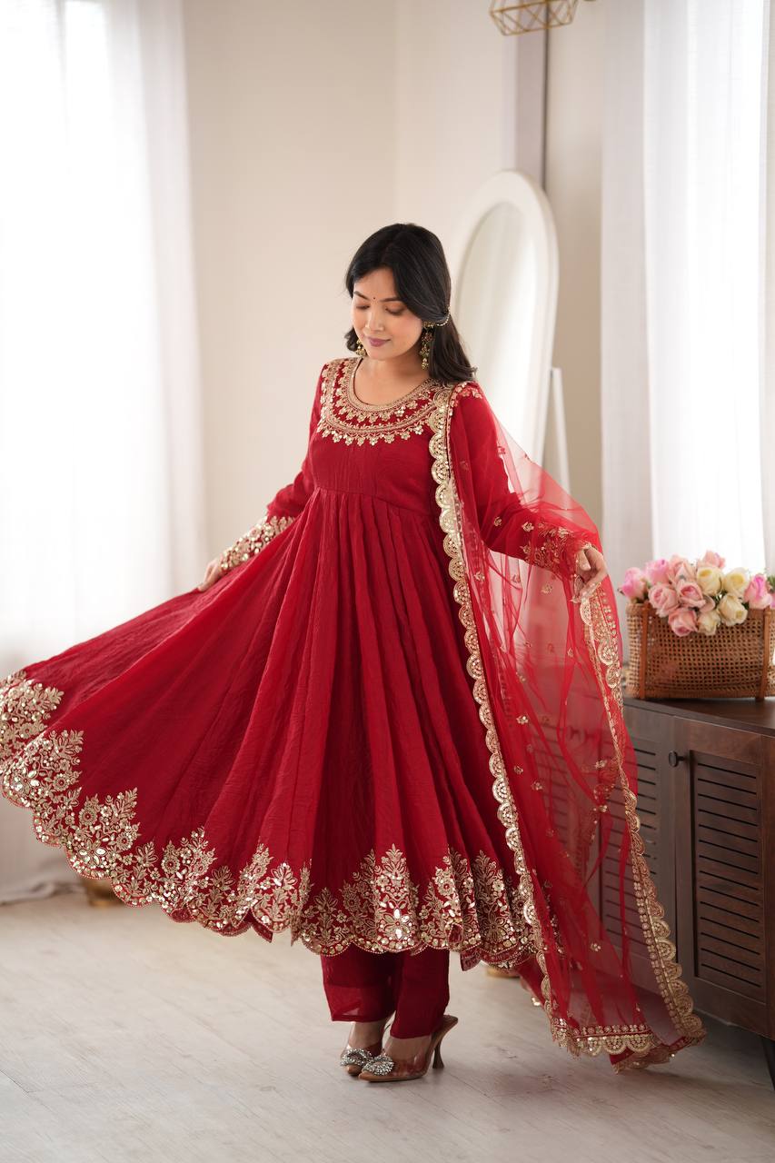 Designer Red Flared Doremon Crush Embroidery Sequence Top, Pant & Dupatta Set