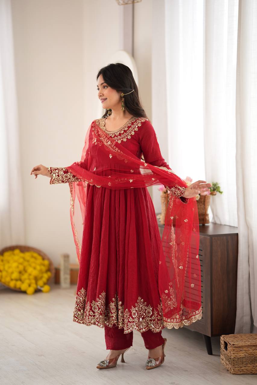 Designer Red Flared Doremon Crush Embroidery Sequence Top, Pant & Dupatta Set