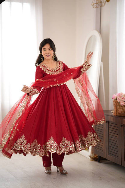 Designer Red Flared Doremon Crush Embroidery Sequence Top, Pant & Dupatta Set