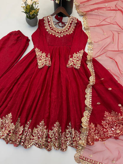 Designer Red Flared Doremon Crush Embroidery Sequence Top, Pant & Dupatta Set