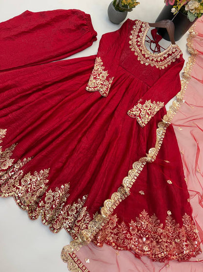 Designer Red Flared Doremon Crush Embroidery Sequence Top, Pant & Dupatta Set