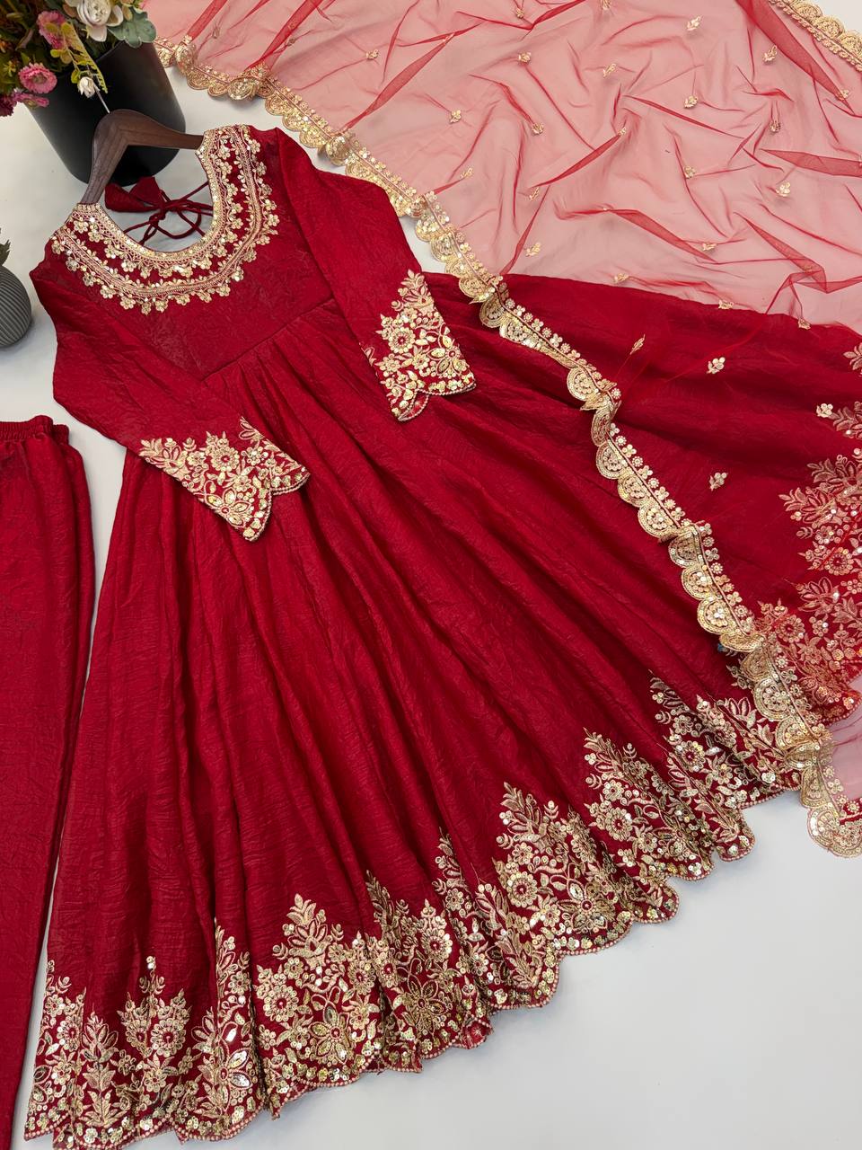 Designer Red Flared Doremon Crush Embroidery Sequence Top, Pant & Dupatta Set