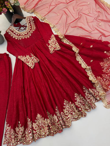 Designer Red Flared Doremon Crush Embroidery Sequence Top, Pant & Dupatta Set
