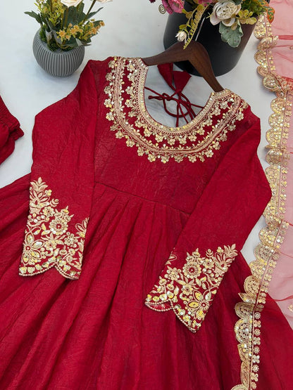 Designer Red Flared Doremon Crush Embroidery Sequence Top, Pant & Dupatta Set