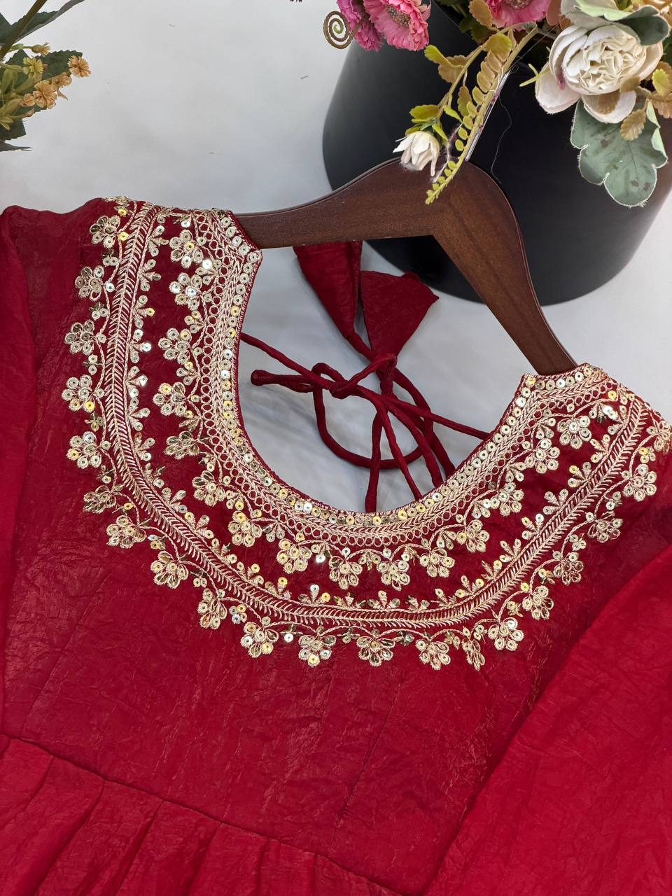 Designer Red Flared Doremon Crush Embroidery Sequence Top, Pant & Dupatta Set