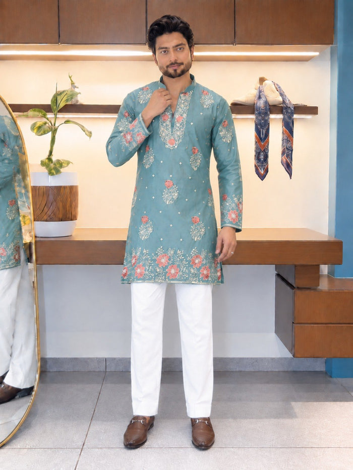 Sage Green Coach Silk Multi-Sequence & Zari Embroidered Men's Kurta Pant Set