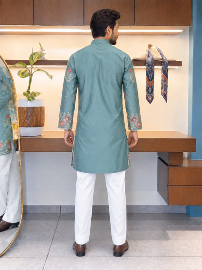 Sage Green Coach Silk Multi-Sequence & Zari Embroidered Men's Kurta Pant Set