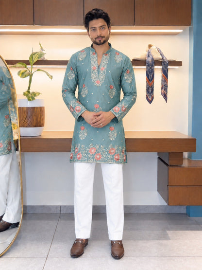 Sage Green Coach Silk Multi-Sequence & Zari Embroidered Men's Kurta Pant Set