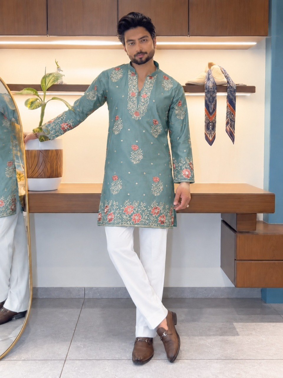 Sage Green Coach Silk Multi-Sequence & Zari Embroidered Men's Kurta Pant Set