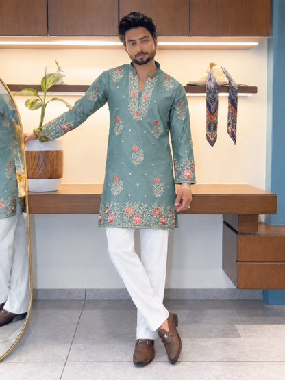 Sage Green Coach Silk Multi-Sequence & Zari Embroidered Men's Kurta Pant Set