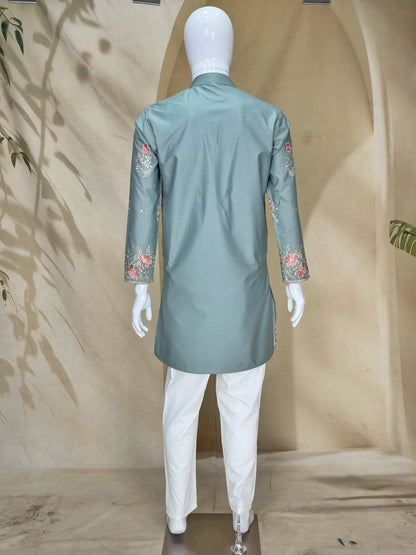 Sage Green Coach Silk Multi-Sequence & Zari Embroidered Men's Kurta Pant Set