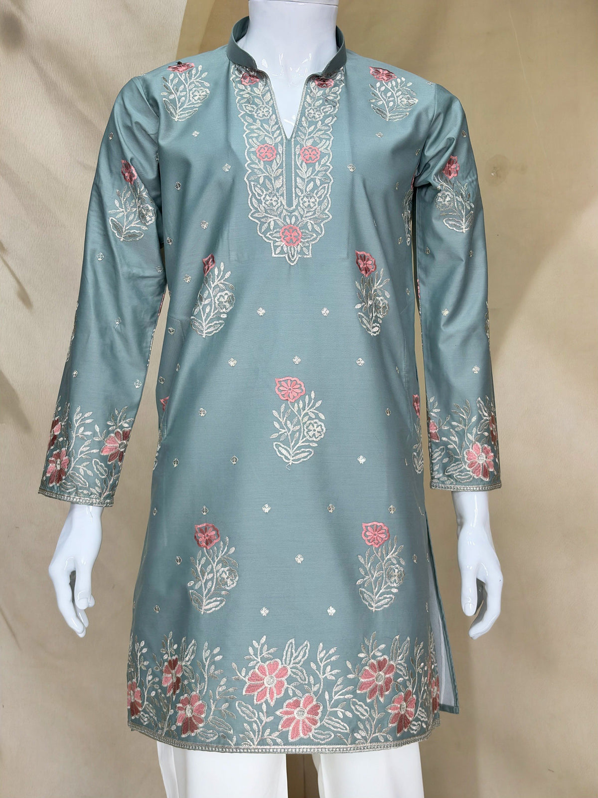 Sage Green Coach Silk Multi-Sequence & Zari Embroidered Men's Kurta Pant Set