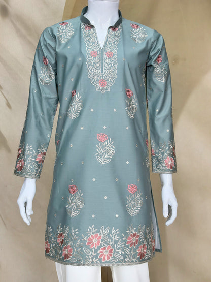 Sage Green Coach Silk Multi-Sequence & Zari Embroidered Men's Kurta Pant Set