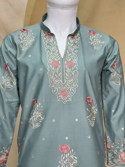 Sage Green Coach Silk Multi-Sequence & Zari Embroidered Men's Kurta Pant Set