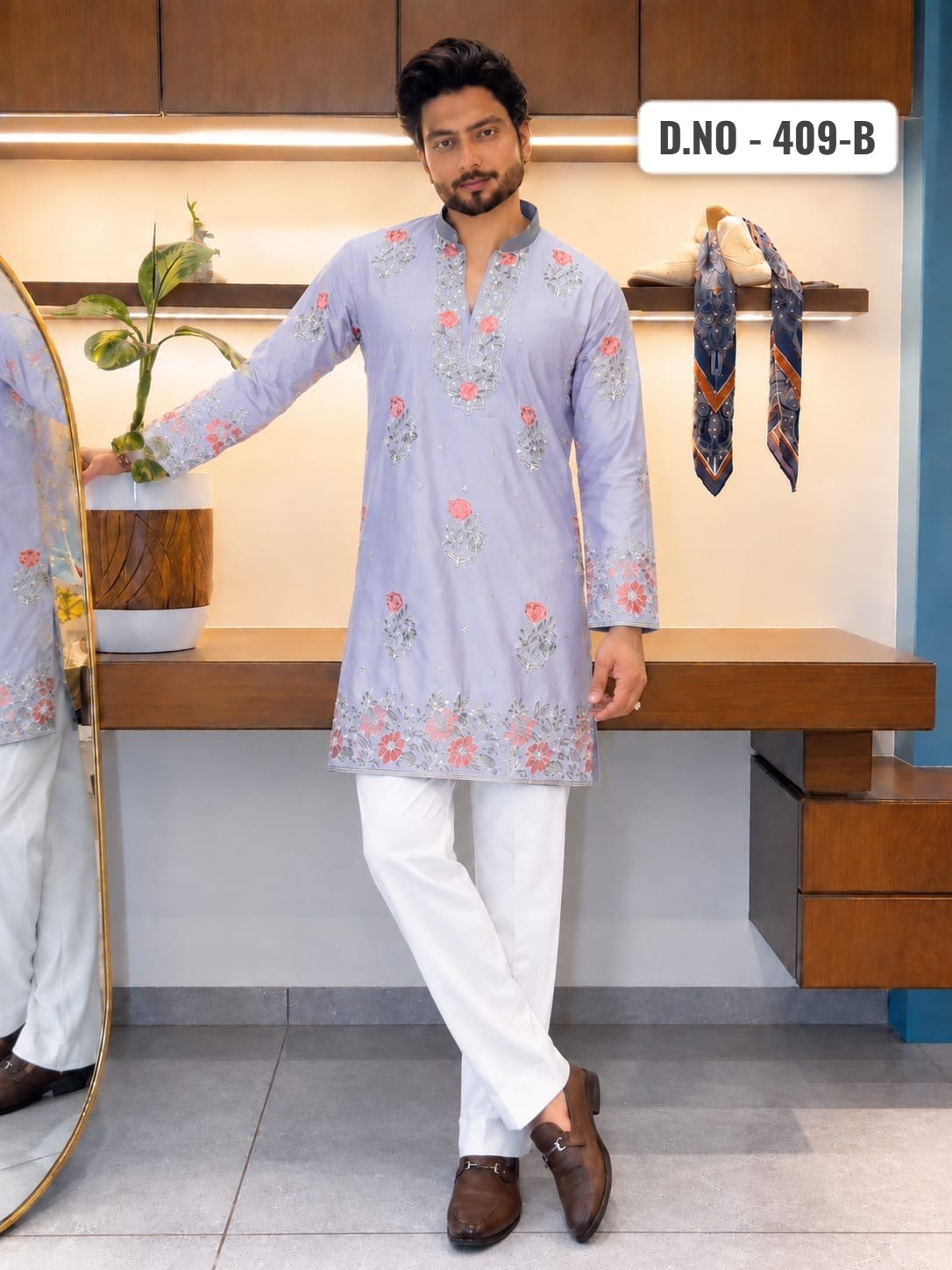 Light Lavender / Ice Blue Coach Silk Multi-Sequence Embroidered Men's Kurta Set