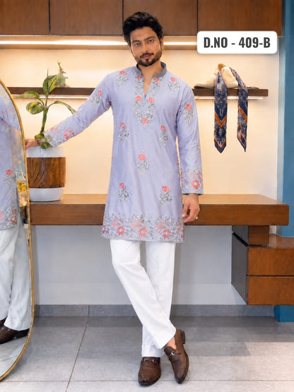 Light Lavender / Ice Blue Coach Silk Multi-Sequence Embroidered Men's Kurta Set