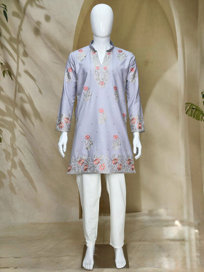 Light Lavender / Ice Blue Coach Silk Multi-Sequence Embroidered Men's Kurta Set